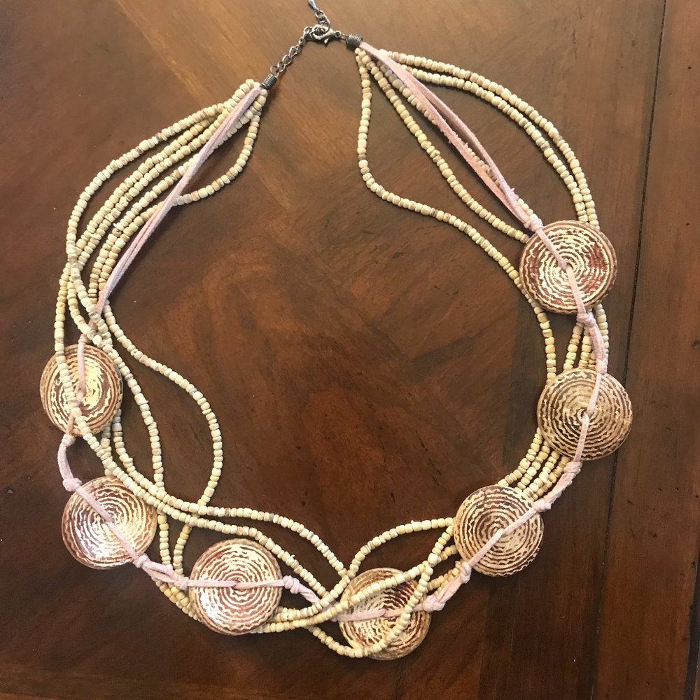 Multistrand Wood Bead and Leather Statement Necklace